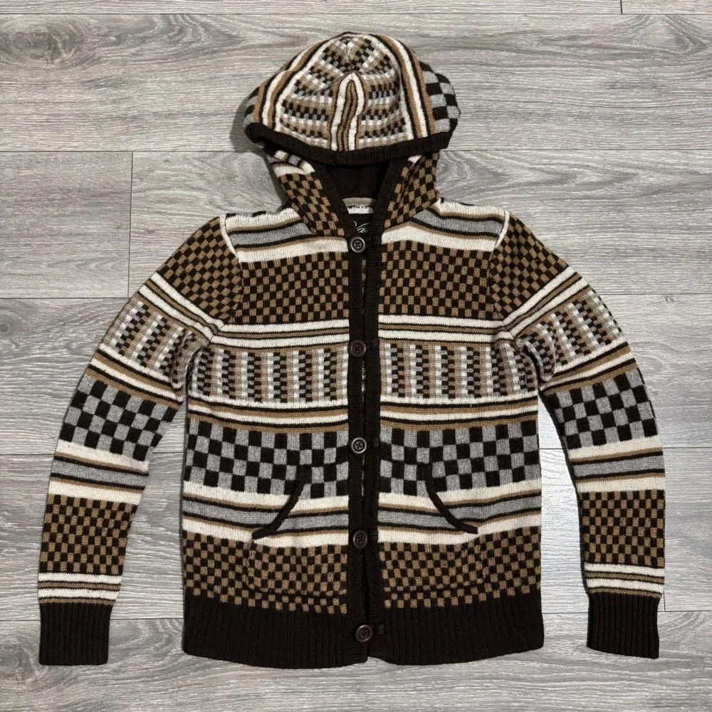 Vans Rare Retro Hooded Cardigan Sweater Brown Checkerboard Geometric Knit Size M